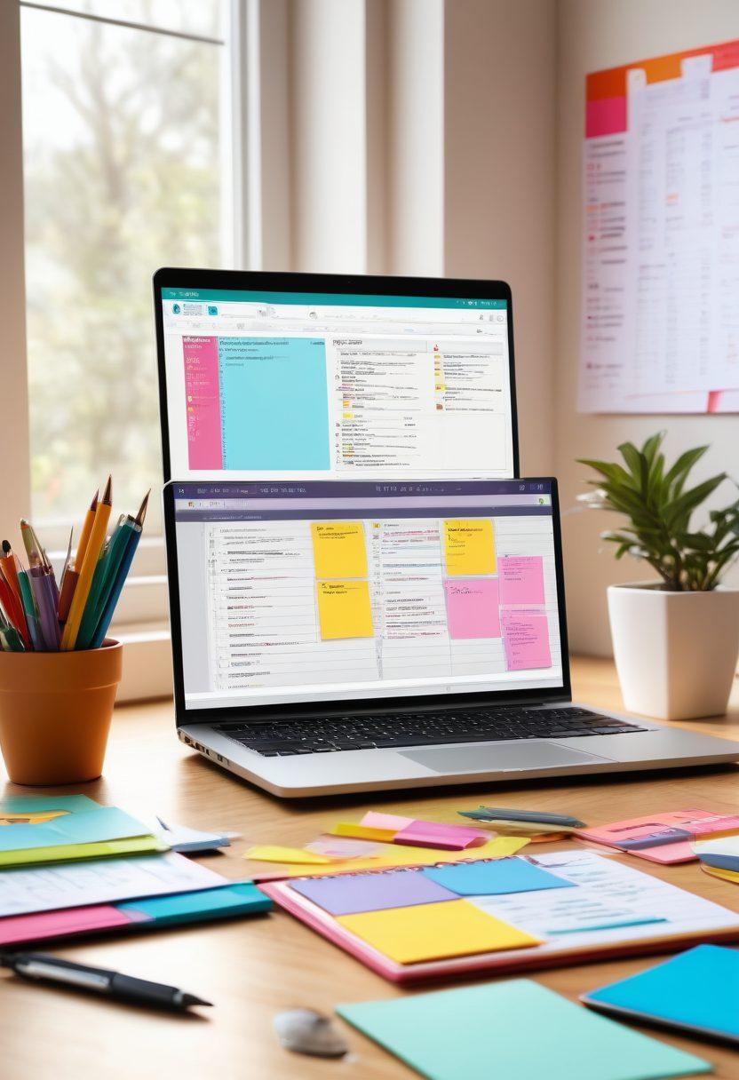 A modern workspace featuring a laptop displaying a well-organized Europass CV, surrounded by colorful tools like pens, sticky notes, and a coffee cup. In the background, motivational quotes and career growth charts are visible on the wall, symbolizing potential and progress. Soft light shines through a window, creating an inviting atmosphere. vector art. vibrant colors.