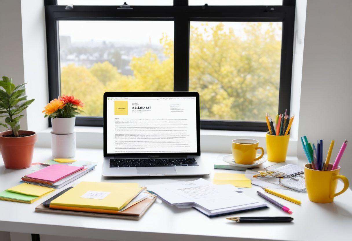 A sleek desk with a stylish laptop open to a beautifully designed resume template. Surrounding the workspace are colorful stationery tools, a cup of coffee, and motivational quotes on sticky notes. A window in the background shows a bright sunny day, symbolizing new opportunities. The overall scene conveys professionalism and creativity. super-realistic. vibrant colors. white background.