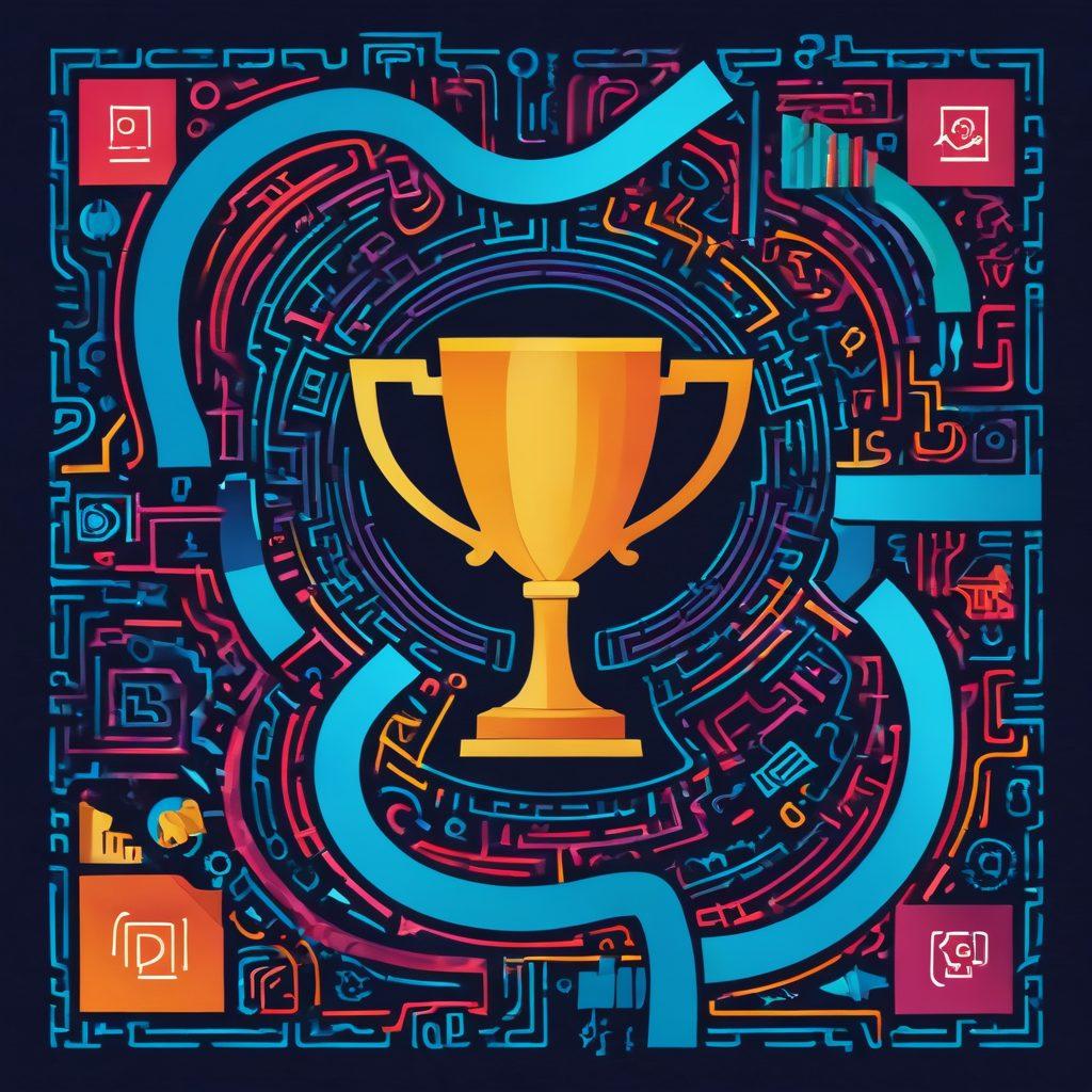 An abstract maze symbolizing the job application process, with various paths leading to diverse opportunities, including a shining trophy at the center representing success. Incorporate visual elements like resumes, interview tips, and clock faces, emphasizing time management. Use bright, motivating colors to inspire determination and hope. Digital art. vibrant colors. abstract style.